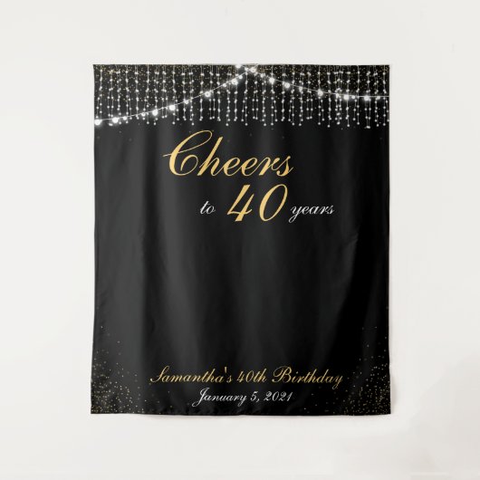 Aangepaste Verjaardag String Lichten Goud Achtergr Wandkleed (Voorkant)