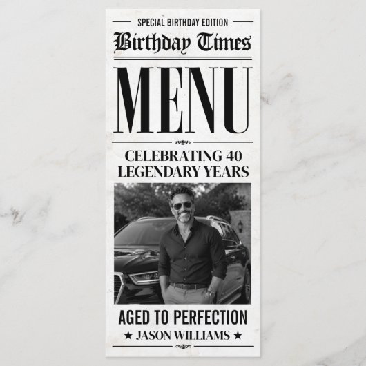Aangepaste verjaardags krant menu, verjaardagsdine menu (Voorkant)