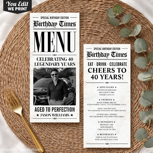 Aangepaste verjaardags krant menu, verjaardagsdine menu