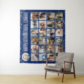 Aangepaste verjaardagsbanner, blauwe zilveren foto wandkleed (In situ)