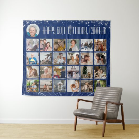 Aangepaste verjaardagsbanner, blauwe zilveren foto wandkleed (In Situ (horizontaal))
