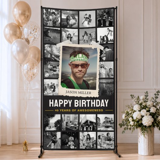 Aangepaste verjaardagsbanner, retro fotocollage 4x spandoek