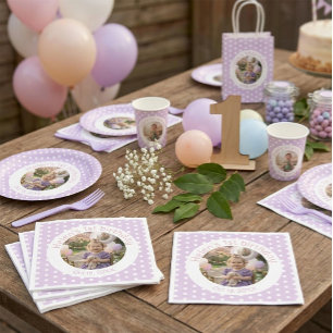 Aangepaste verjaardagsfoto & paarse polka stippen servet