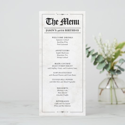 Aangepaste verjaardagsmenu, zwart-wit interactief menu (Staand voorkant)