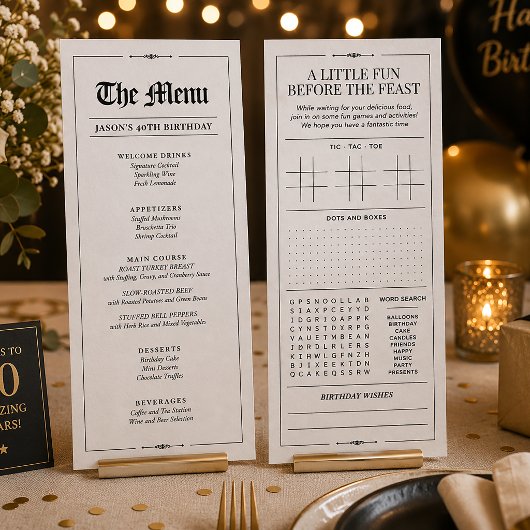 Aangepaste verjaardagsmenu, zwart-wit interactief menu