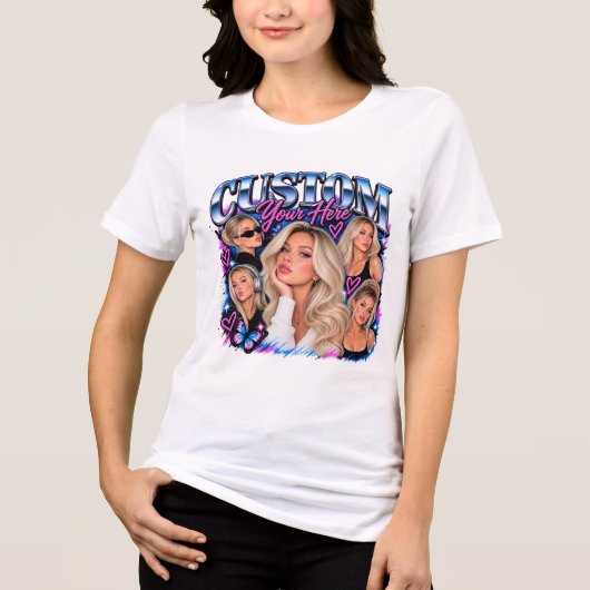 Aangepaste verjaardagsportretcollage Retro Glam Tri-Blend Shirt (Voorkant)