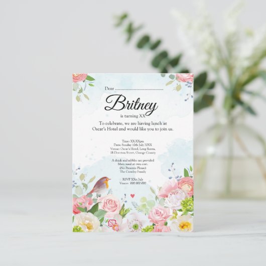 Aangepaste verjaardagsuitnodiging voor vrouwen – B Briefkaart (Staand voorkant)