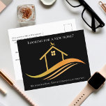 Aangepaste verkoop voor onroerend goed Bedrijf Bla Briefkaart<br><div class="desc">Dit belangrijke briefkaart van het vastgoedbedrijf marketing wordt gemaakt met uw realiteitbedrijf en agentennaam. Deze klastige reclame voor zwarte en gouden makelaardij is voorzien van een  huis met een weerhaak op de bovenkant en de gestroomlijnde krommen eronder. Pas deze briefkaarten voor zakelijke promotie aan met je eigen gegevens.</div>