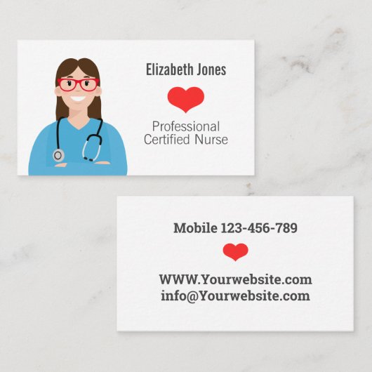 Aangepaste verpleegster Avatar Visitekaartje (Voorkant / Achterkant)