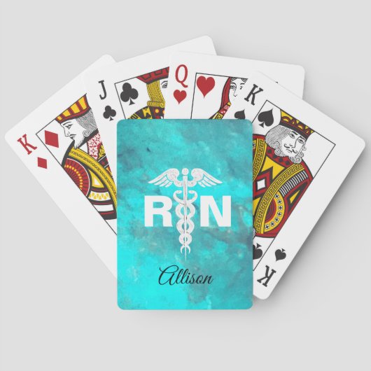 Aangepaste verpleegster RN Turquoise Marble Caduce Pokerkaarten (Achterkant)