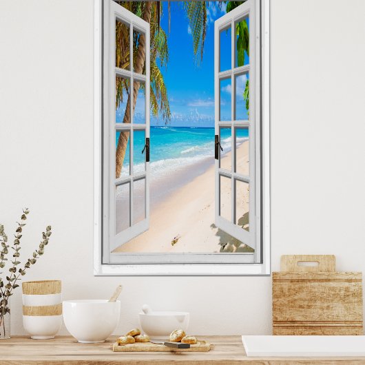 Aangepaste Vertical Beach en Ocean Window Uitzicht Poster (Keuken)