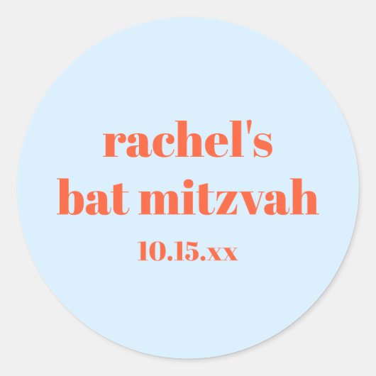 Aangepaste Vette Typografie Blauwe Oranje Bat Mitz Ronde Sticker (Voorkant)