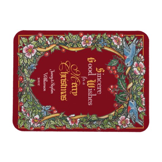 Aangepaste Victoriaans kerstflora Bird Burgundy Magneet (Horizontaal)