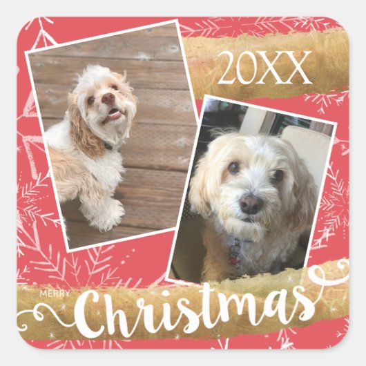 Aangepaste vierkante kerststicker met twee foto's sticker (Voorkant)