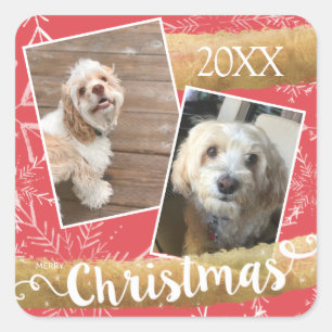 Aangepaste vierkante kerststicker met twee foto's sticker