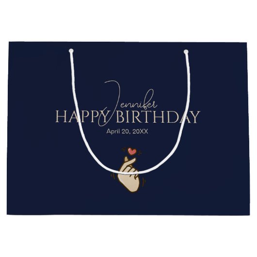 Aangepaste Vingerhartvorm Happy Birthday Blue Groot Cadeauzakje (Voorkant)