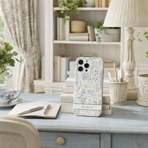 Aangepaste Vintage Blauwe Wilde Bloem Franse Toile iPhone 15 Pro Max Case