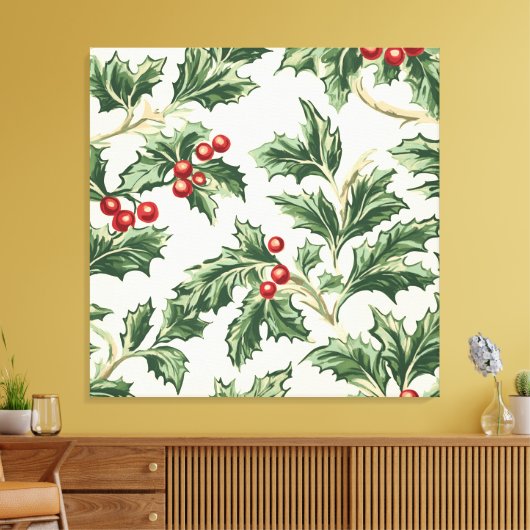 Aangepaste Vintage Kerst Holly & Bessen Patroon Canvas Afdruk (Insitu (Woonkamer))
