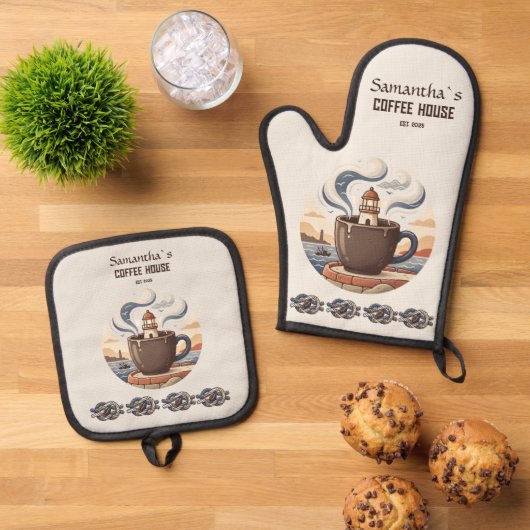 Aangepaste Vintage Kustkroeg Merchandise Ovenwant & Pannenlap Set (Top down)