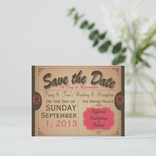 Aangepaste Vintage Save the Date Briefkaart (Staand voorkant)
