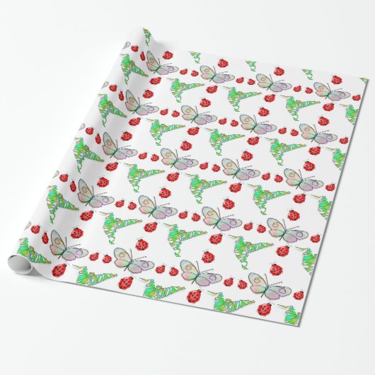 Aangepaste vlinder, Hummingbird en Ladybug Pattern Cadeaupapier (Uitgerold)