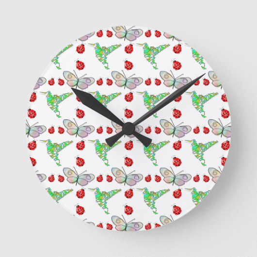 Aangepaste vlinder, Hummingbird en Ladybug Pattern Ronde Klok (Voorkant)