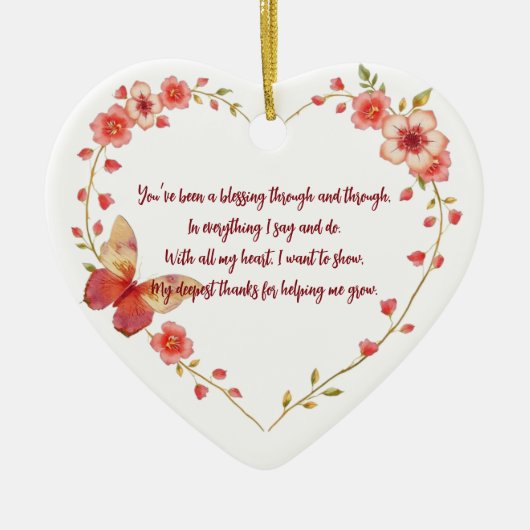 Aangepaste Vlinders & Bloemen Hart Mentor Dank u Keramisch Ornament (Voorkant)