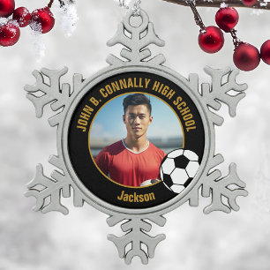 Aangepaste Voetbalspeler Foto Zwart Goud Middelbar Tin Sneeuwvlok Ornament