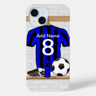 Aangepaste voetbalwedstrijd met zwart en blauw foo iPhone 15 case