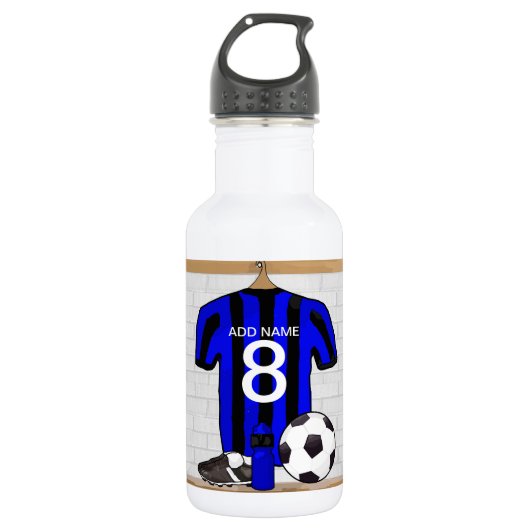 Aangepaste voetbalwedstrijd met zwart en blauw foo waterfles  (Voorkant)