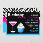 Aangepaste vogeldag cocktail Party roze & Blue Zeb Kaart (Voorkant / Achterkant)