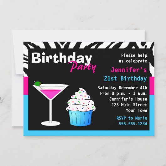 Aangepaste vogeldag cocktail Party roze & Blue Zeb Kaart (Voorkant)