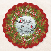 Aangepaste vogels in needles rode bessen kartonnen onderzetters (Voorkant)