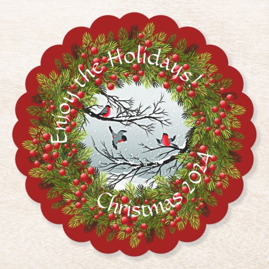 Aangepaste vogels in needles rode bessen kartonnen onderzetters (Voorkant)