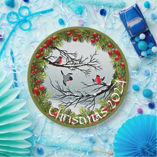 Aangepaste vogels in needles rode bessen papieren bordje (Feest)