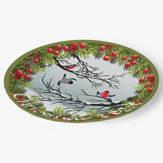 Aangepaste vogels in needles rode bessen papieren bordje (Gekanteld)