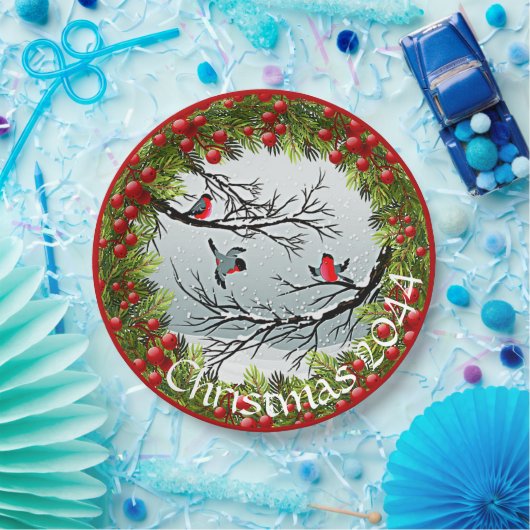 Aangepaste vogels in needles rode bessen papieren bordje (Feest)