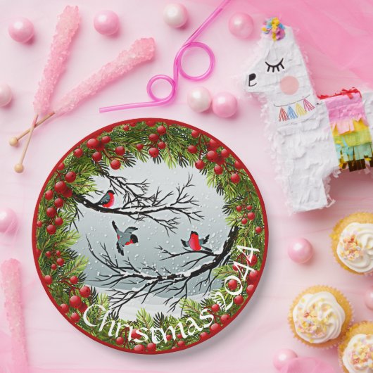Aangepaste vogels in needles rode bessen papieren bordje (Feest)
