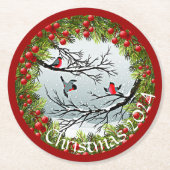 Aangepaste vogels in needles rode bessen ronde kartonnen onderzetter (Voorkant)