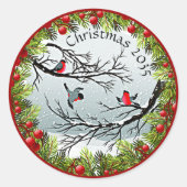 Aangepaste vogels in needles rode bessen ronde sticker (Voorkant)