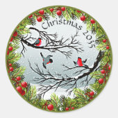 Aangepaste vogels in needles rode bessen ronde sticker (Voorkant)