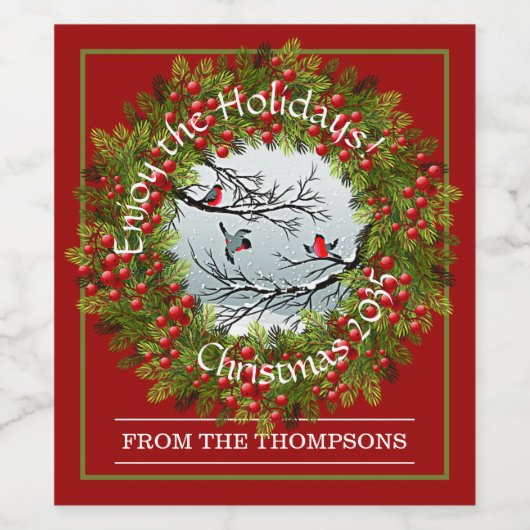 Aangepaste vogels in needles rode bessen wijn etiket (Enkel label)