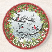 Aangepaste vogels in needles rode bessen zandsteen onderzetter (Voorkant)