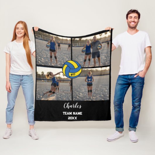 Aangepaste Volleybal Speler Fotocollage met Naam Fleece Deken (In situ)
