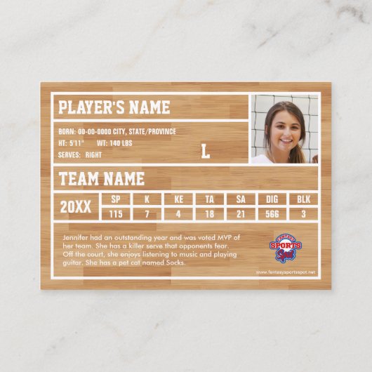 Aangepaste volleybal Trading Kaart (lichtbruin) Contactkaartje (Achterkant)