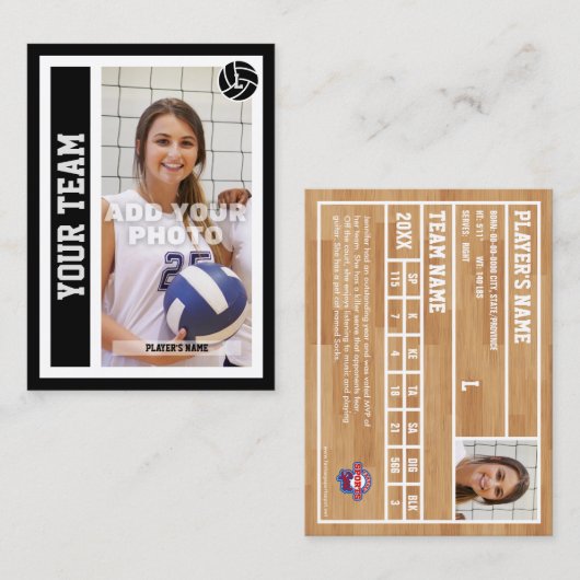 Aangepaste Volleybal Trading Kaart (zwart) Contactkaartje (Voorkant / Achterkant)