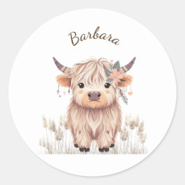Aangepaste voornaam Schattige Modern Boho Highland Ronde Sticker