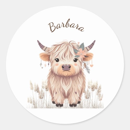 Aangepaste voornaam Schattige Modern Boho Highland Ronde Sticker (Voorkant)