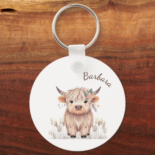 Aangepaste voornaam Schattige Modern Boho Highland Sleutelhanger (Voorkant)