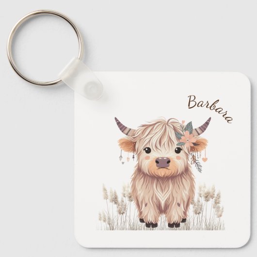 Aangepaste voornaam Schattige Modern Boho Highland Sleutelhanger (Voorkant)